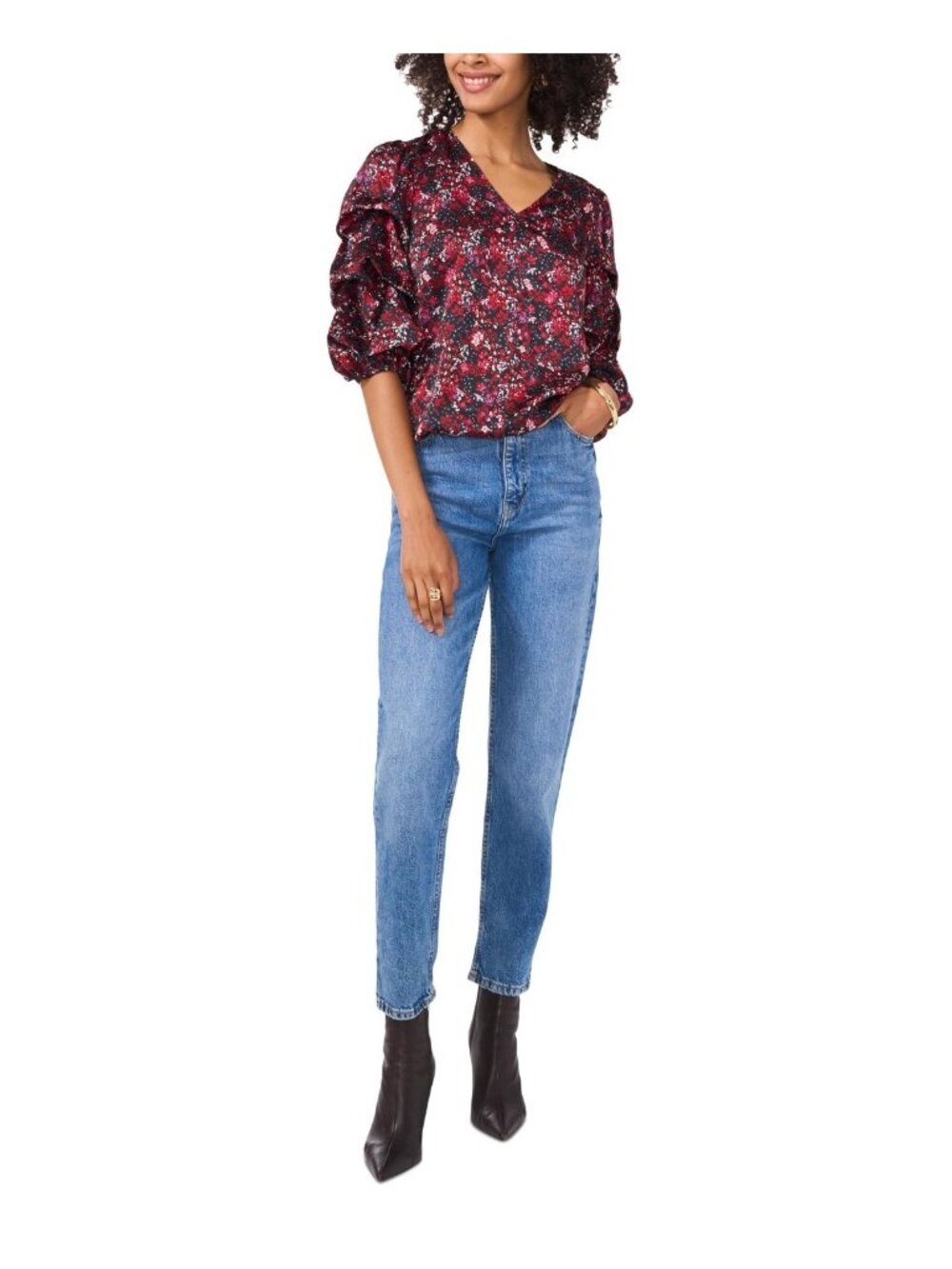 Vince Camuto 3/4-sleeves V-Neck Bubble Sleeve Top Black Red Size M MSRP $89 - Picture 2 of 4